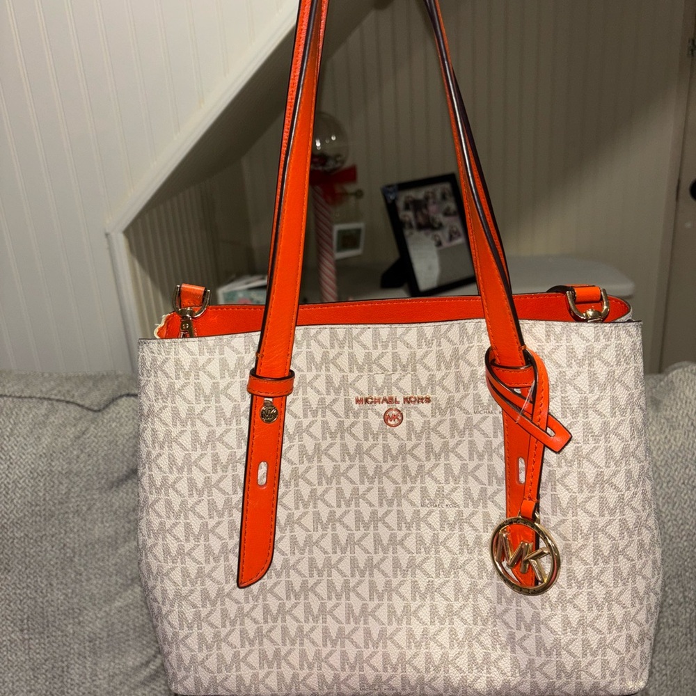 Michael Kors Orange and Cream Structured Tote with Gold Hardware